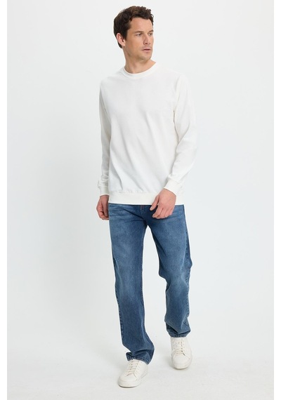 Tudors Erkek Relax Fit Rahat Kesim %100 Pamuk 2 İplik Bisiklet Yaka Beyaz Sweatshirt-41515 Beyaz