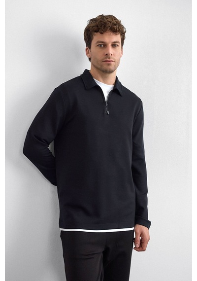 Backandbond Siyah Regular Fit Gömlek Yaka Yarım Fermuarlı Sweatshirt