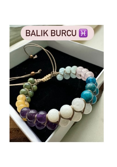 Sertifikalı Balık Burcu Çift Sıra Makrome Doğal Taş Bileklik Çok Renkli