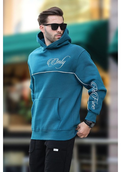 Madmext Petrol Mavisi Kapüşonlu Şerit Detaylı Baskılı Erkek Sweatshirt 7091 Petrol Mavisi