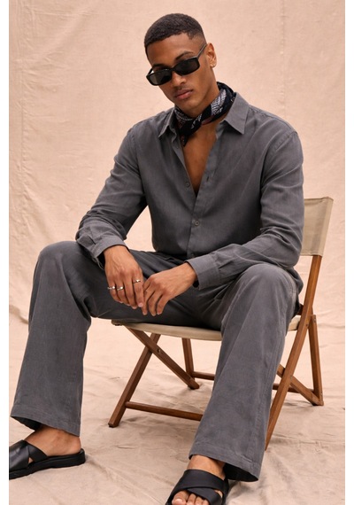 Tarz Cool Erkek Haki Tencel Kumaş Oversize Gömlek Pantolon Takım Rahat Kesim Yazlık Kombin Füme