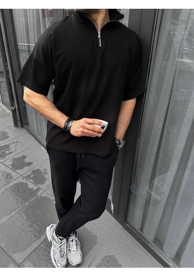 Yarım Fermuarlı Basic T-shirt - Siyah - -Çok Renkli