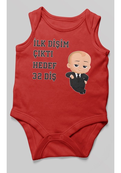 Morivokids İlk Dişim Çıktı Hedef 32 Diş Sıfır Kollu Bebek Body Kırmızı