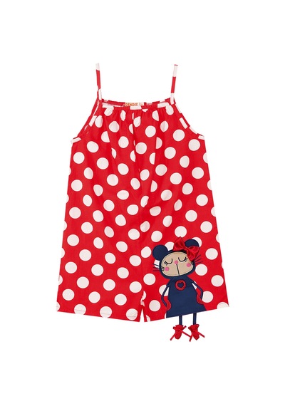 Denokids Kırmızı Puantiye Kız Çocuk Dokuma Tulum