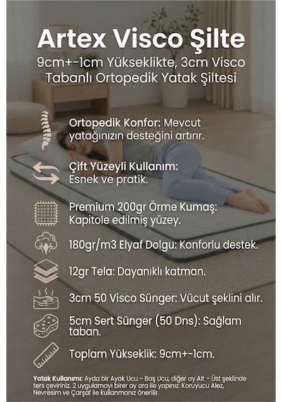 Visco Sünger Şilte 80x180 Yer Yatağı 9 +-1cm Cm Ped Yatak Şiltesi Pedi Topper Mattress