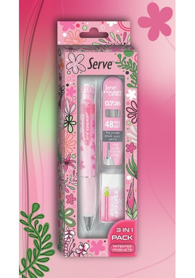 Serve Doğa Desenli Deep Kalem, Deep Silgi Ve Deep Min, 0.7 Mm, Şeker Pembe