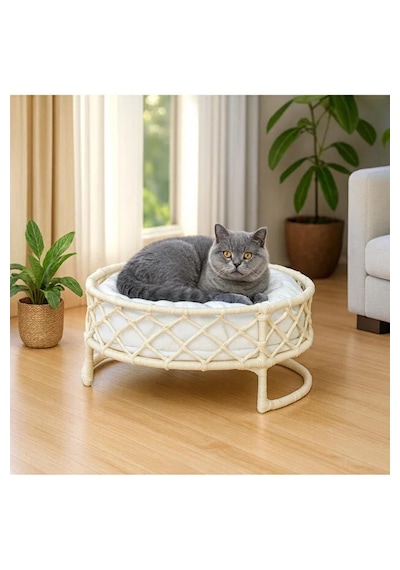 Reyo Tasaryum Kedi Ve Köpek İskandinav El Örgüsü Kedi Yatağı, Yuvarlak Kedi Yuvası Krem Çap 49 Cm