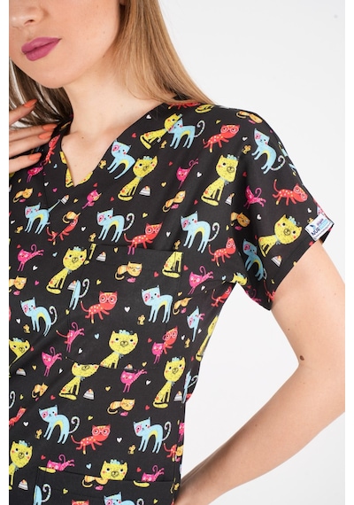 Unisex Cool Cats Club Desenli Doktor Hemşire Hastane Aşçı Mutfak Scrubs Tek Üst Üniforma Siyah