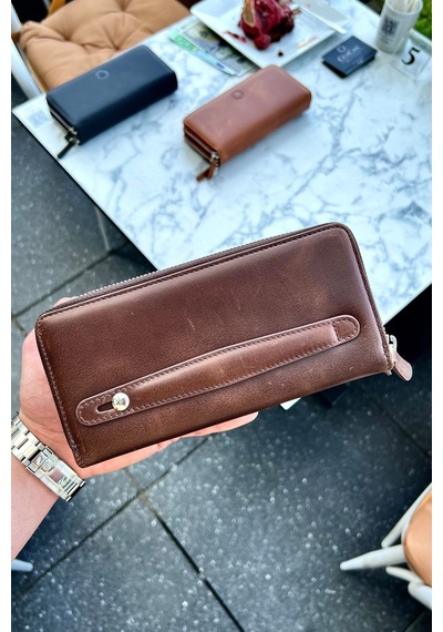 Tigan Unisex Antik Kahve Çift Fermuarlı Hakiki Deri Telefon Cüzdanı El Çantası Kahverengi