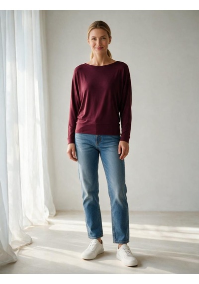 Nealirsanall.com Kadın Modal Kumaş Kayık Yaka Yarasa Kol Rahat Kesim Bluz Bordo