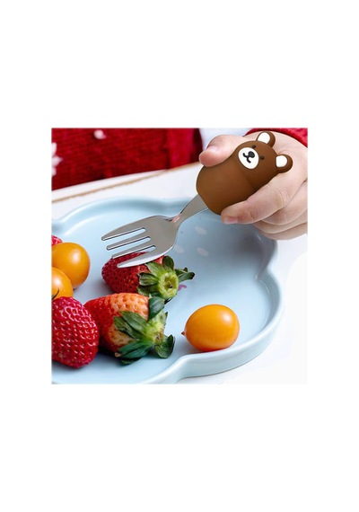 Ayı Figürlü Kahverengi Premium Çocuk Bpa Free Silikon Saplı Paslanmaz Çelik Uçlu Çatal-kaşık, 9+ Ay
