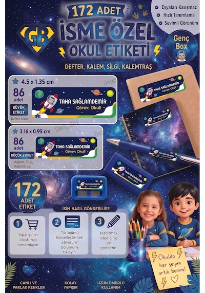 Uzay Temalı Öğrenci Özel İsimli Etiket- Okul Kalem Ve Defter Etiketi Sticker Seti Karışık