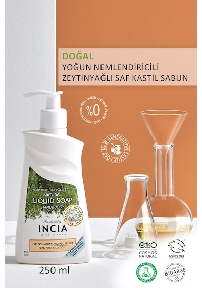 INCIA %100 Doğal Sıvı Kastil Sabunu Yoğun Nemlendirici Zeytinyağlı 10 Bitkisel Değerli Yağ Vegan 250 ML