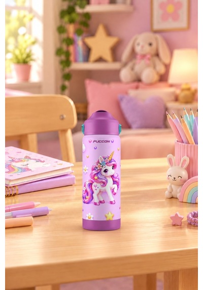 Puccon 540 Ml Sevimli Unicorn Baskılı Pembe - Mor Kız Çocuk Pipetli Çelik Termos Matara/suluk - 60048