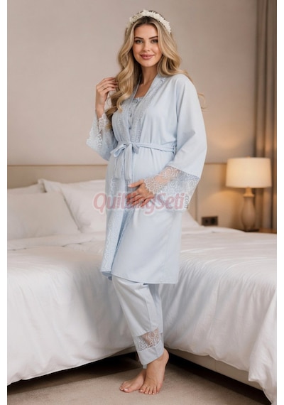 Quilling Lady Mavi Renkli, Derin Patlı, Dantel Detaylı 33002 Sabahlıklı 3lü Lohusa Hamile Pijama Takımı Açık Mavi M - L