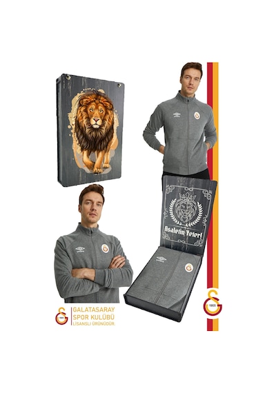 Gsstore Galatasaray Lisanslı Dik Yaka Fermuarlı Gri Sweat Gs Aslan Baskılı Hediyelik Ahşap Kutulu Gri