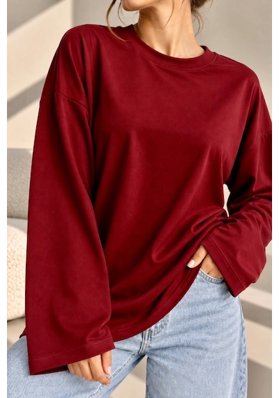Bb Butik Basic Kadın Modal Oversize Bisiklet Yaka Sweatshirt Zg3535 Bordo
