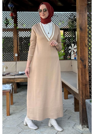 Rabia Şamlı Eylül Gömlekli Triko Elbise Bej Normal