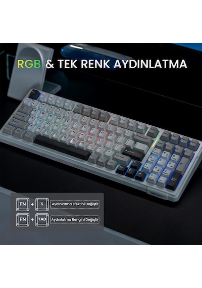 Aula F99 Pro 3 Modlu Rgb Hot Swap Mekanik Nimbus V3 Switch Kablosuz Makrolu Gaming Klavye Gradyan Mavi