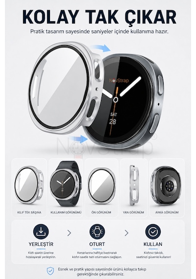 Novstrap Samsung Galaxy Watch 9 40mm İle Uyumlu Kılıf Sert Pc Kasa Ve Cam Ekran Koruyucu 360 Tam Koruma