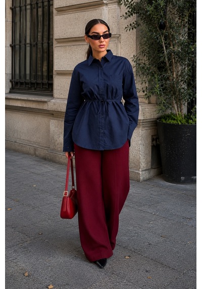 Madmext Lacivert Belden Bağlamalı Oversize Cepli Gömlek Mg2798