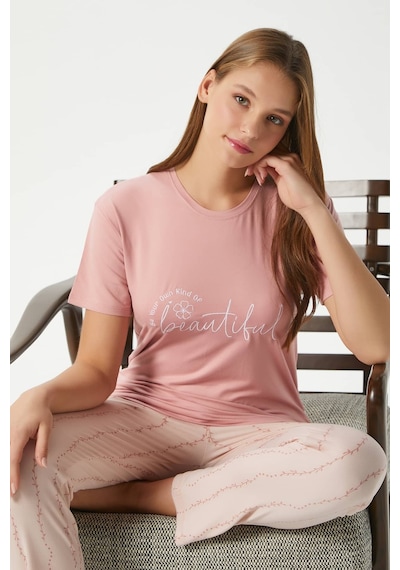 Ritnice Kadın Beautiful Yumuşak Doku Pudra Bisiklet Yaka Kısa Kollu Alt Üst Pijama Takımı Pudra
