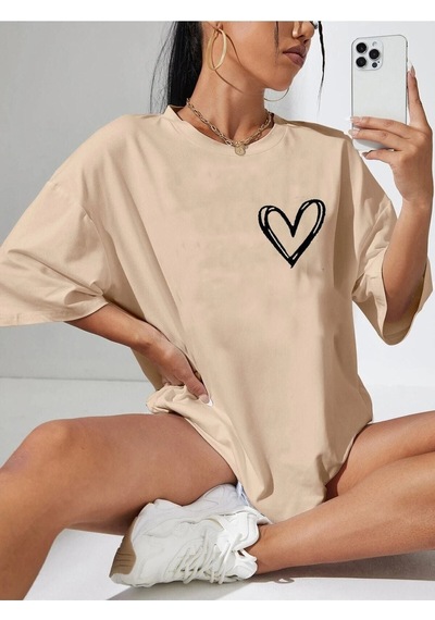 Minimal Kalp T-shirt - Açık Kahve Baskılı Oversize Bisiklet Yaka Kısa Kol Tişört Açık Kahverengi