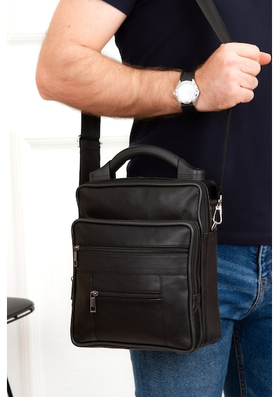 Newish Polo Erkek Hakiki Deri Günlük Omuz Ve El Çantası 22x27 Cm - New099 - Siyah