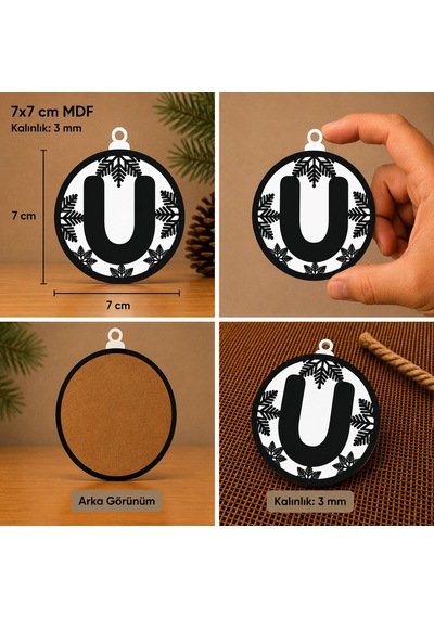 U Harf Yılbaşı Süsü Mdf Çam Ağacı Desenli Asılabilir Dekor 7x7 Cm