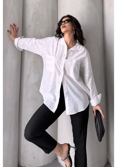 Paw Garage Kadın Harper Çift Cepli Oversize Keten Gömlek, 2025 Summer Collection Beyaz
