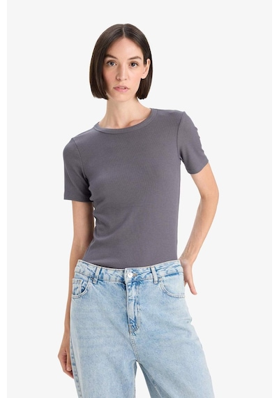 Defacto Slim Fit Dar Kesim Bisiklet Yaka Basic Düz Fitilli Kaşkorse Kısa Kollu Tişört C0097ax25augr448 Gri