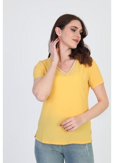 Ella Camelia Kadın Yaka İşlemeli Bluz 9E013 Sarı