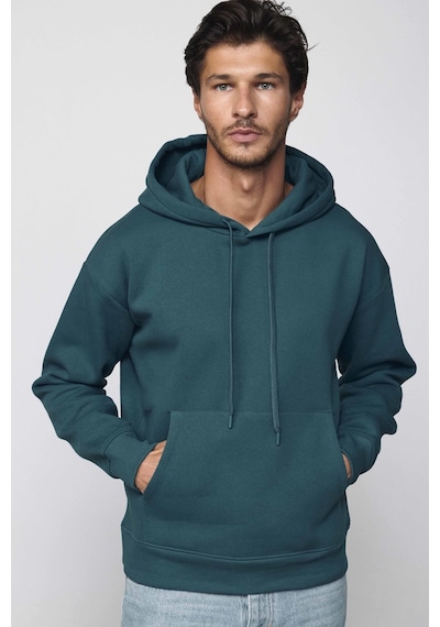 Tudors Oversize Pamuk Kapüşonlu Basıc Petrol Rengi Unisex Sweatshirt-29411-petrol Petrol