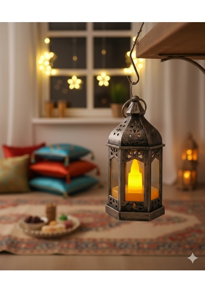 9 Cm Ramazan Ledli Eskitme Gümüş Fener - Pil Dahil Dekoratif Ramazan Feneri Diğer