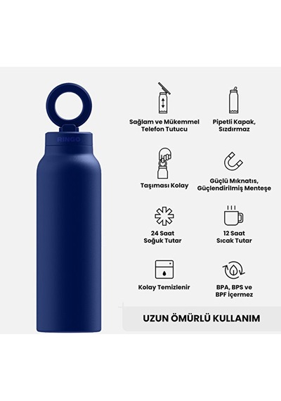 Ringo Pro Manyetik Telefon Tutuculu Termal Paslanmaz Çelik Su Şişesi Pipetli Kapak 24 Oz / 710 Ml Mavi