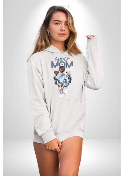 Süper Anne Anneler Günü Doğum Hediyesi Kadın Erkek Beyaz Kapüşonlu Sweatshirt Hoodie Beyaz