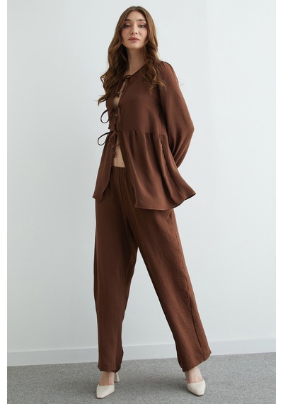 Fullamoda Fullamodest Önü Bağlamalı Ayrobin Kimono 2 Li Takım Kahve