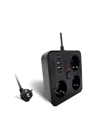 Akım Korumalı Anahtarlı Priz - 3x Priz - 2x Usb - 2x Type-c - 2 Mt Kablo Hızlı Şarj Özellikli Siyah 11318708