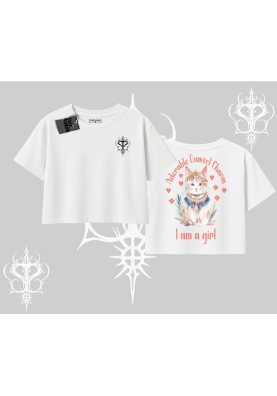 Tarzsokak Cute Princess Kedi Tasarımlı Arka Baskılı Oversize Crop Tshirt Beyaz