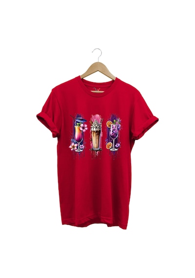 Milkshake Ve Kokteyl Temalı Renkli Yaz Baskılı %100 Pamuk Unisex Regular Fit T-shirt Kırmızı
