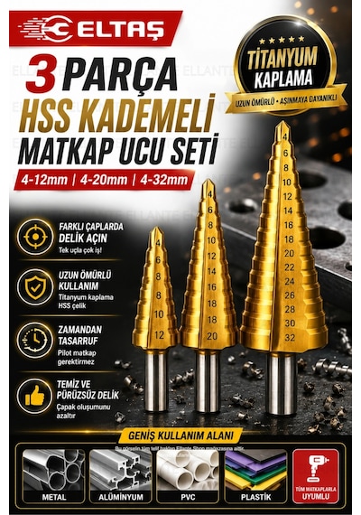 3 Parça Hss Titanyum Kaplamalı Kademeli Matkap Ucu Seti 4-12 / 4-20 / 4-32 Mm