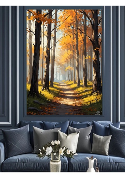 Ahşap Tablo Sonbahar Ormanında Işıklı Bir Yol