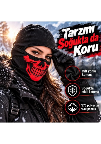 Genel Unisex Kırmızı Kurukafa Desenli Balaklava Kar Maskesi Siyah Tam Kafa Boyunluk M Siyah / Standart