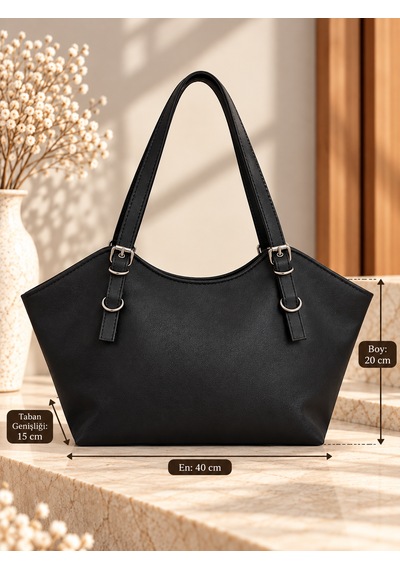 Elpida Bags Kadın Kemerli Suni Deri & Geniş Hacimli Omuz Çantası Siyah