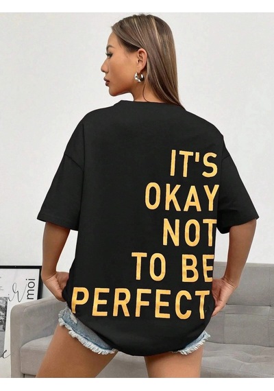 Startmore Kadın Siyah Its Okay Baskılı Oversize T-shirt Siyah