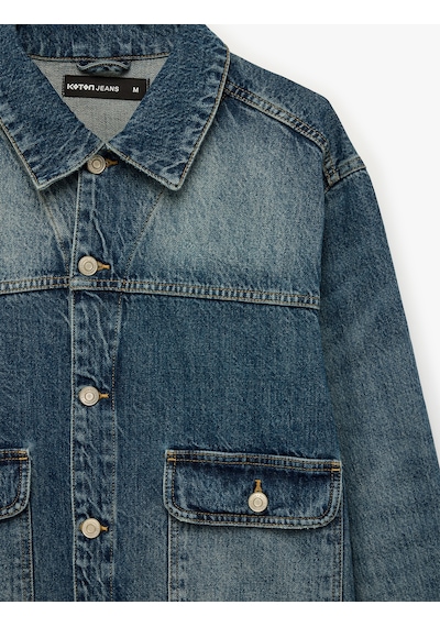 Koton Pamuklu Uzun Kollu Düğmeli Kapaklı Cepli Gömlek Yaka Oversize Jean Ceket Orta İndigo 7wam50045nd