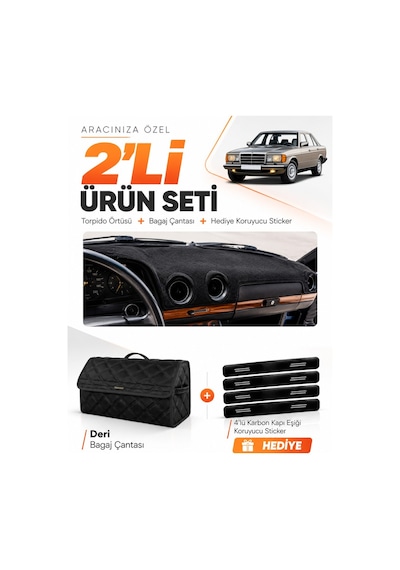 E-biz Mercedes W123 1976-1985 Uyumlu Torpido Örtüsü + Deri Bagaj Çantası Seti - Siyah - Mb010