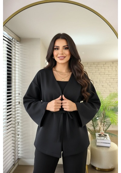 Unika Boutique Kadın Yeni Sezon Kuşaklı Scuba Ceket Kimono Tunik Oversize Trend Rahat Modern Tesettüre Uygun Siyah
