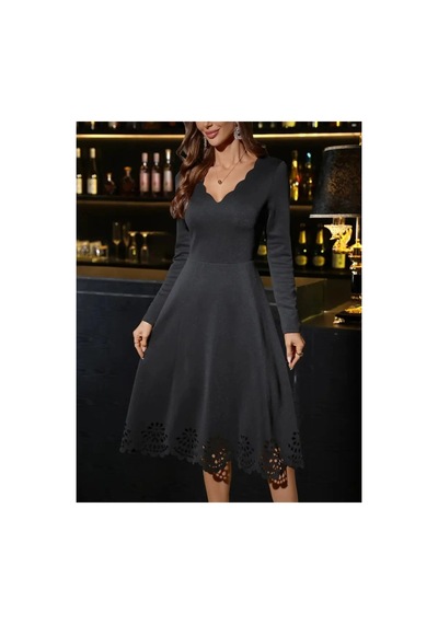 Butik İstanbul Kadın Uzun Kollu V Yakalı Lazer Kesim Detaylı Midi Ithal Krep Elbise Siyah Butik İstanbul Kadın Uzun Kollu V Yakalı Lazer Kesim Detaylı Midi Ithal Krep Elbise Siyah