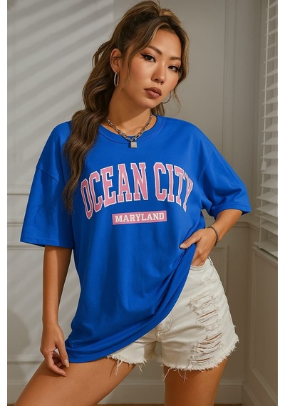 Ocean Cıty Baskılı Oversize Unisex Tişört Saks Mavisi